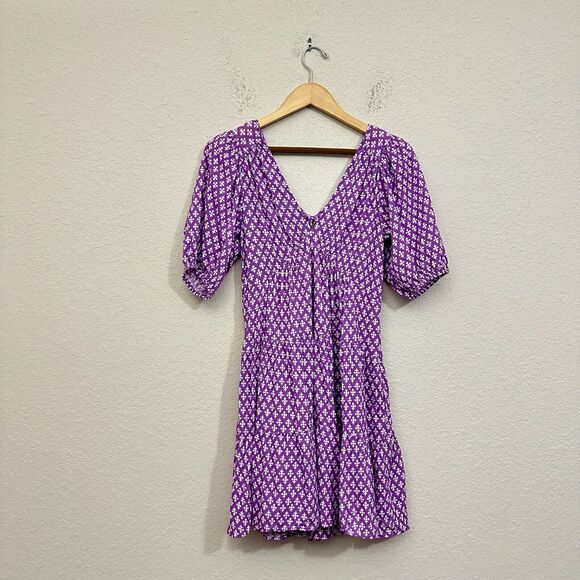 NWOT XIRENA Puff-Sleeve Nissa Babydoll Mini Dress in Purple Clover Print - Picture 1 of 15